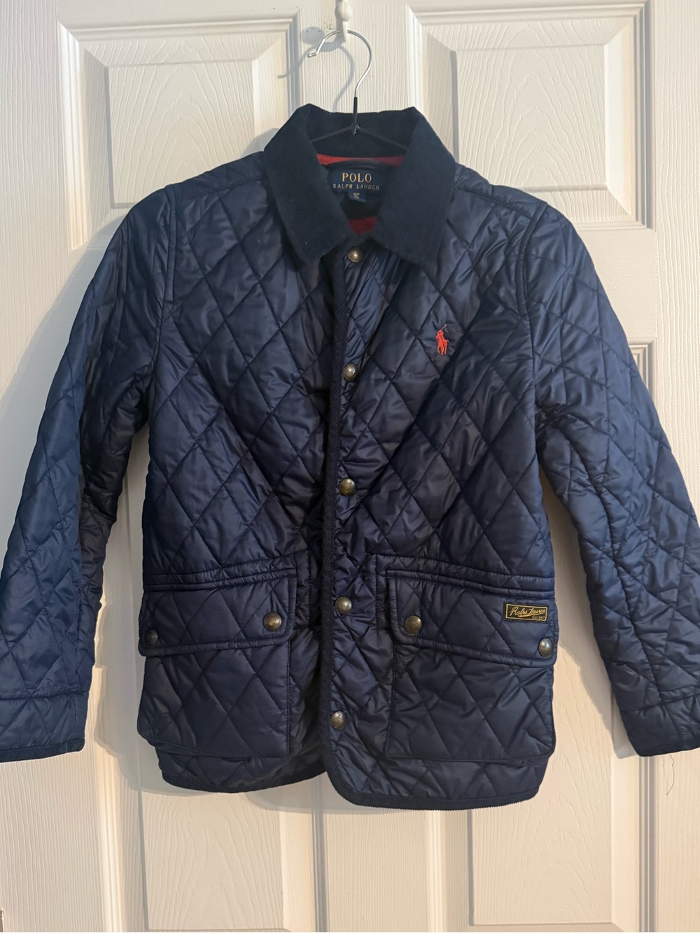 Polo Ralph Lauren Boys Quilted Jacket Navy Blue Red Lining Size 8
